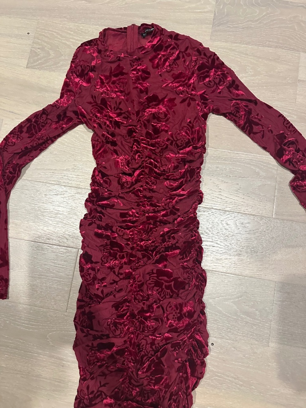red mini dress with ruching and red velvet flowers long sleeve (see through)